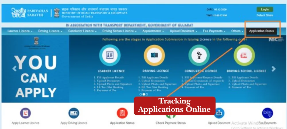 sarathi parivahan gov in application status